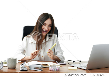 beautiful businesswoman talking on video call to client 107903260