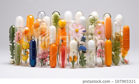 Pills and flowers in a glass medical medical container on a white background 107903321