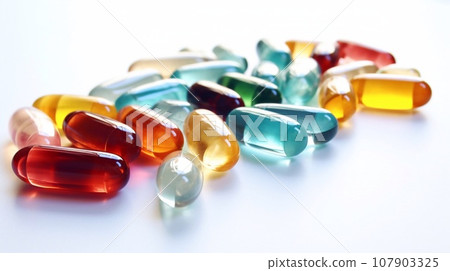 Colorful pills capsules on a white background. 107903325