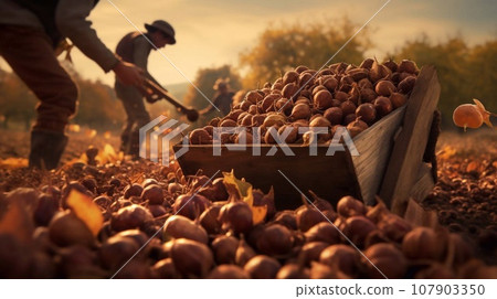 Harvesting nuts in the farm. 107903350