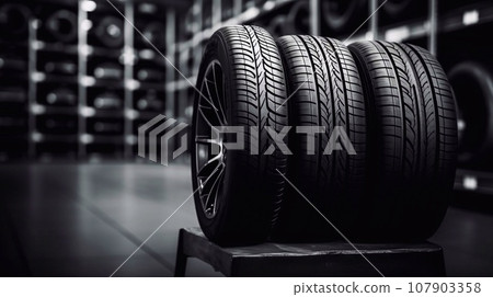 Rows of new car tires in auto repair shop, closeup 107903358