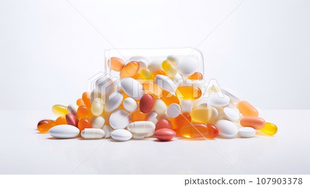 Heaps of pills poured from a bottle isolated on white background, cut out 107903378