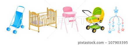Baby Nursery and Infant Objects with Baby Carriage, Chair and Crib Vector Set 107903395