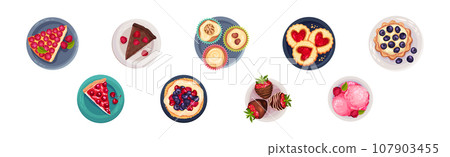 Sweet Desserts with Cake, Tartlet, Ice Cream and Cookie Above View Vector Set 107903455