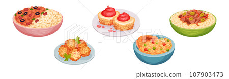Traditional Indian Food and Dishes Served on Plate Vector Set 107903473