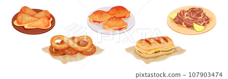 Traditional Indian Food and Dishes Served on Plate Vector Set 107903474