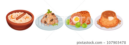 Traditional Indian Food and Dishes Served on Plate Vector Set 107903478