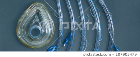 set for tracheal intubation on a blue background close-up 107903479