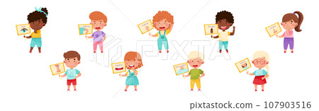 Cute Boy and Girl Character Holding Card with Body Part Picture Vector Set Cute Boy and Girl Character Holding Card with Body Part Picture Vector Set 107903516