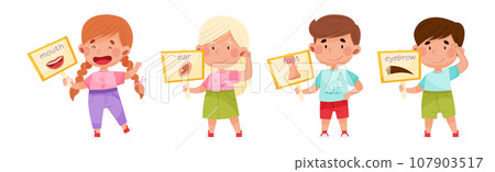 Cute Boy and Girl Character Holding Card with Body Part Picture Vector Set 107903517