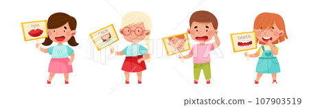Cute Boy and Girl Character Holding Card with Body Part Picture Vector Set Cute Boy and Girl Character Holding Card with Body Part Picture Vector Set 107903519