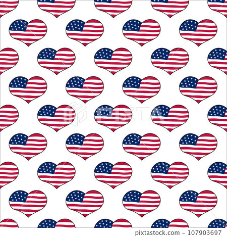 American flags seamless pattern. Vector background with doodle heart US symbols. United States of America design elements. Repeating illustration 107903697