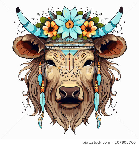 Buffalo t-shirt design graphic, cute happy kawaii style, clear outline Buffalo t-shirt design graphic, cute happy kawaii style, clear outline 107903706