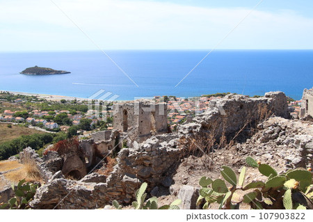 A glimpse of the ruins of the mausoleum of Tredoliche. landscape from the uins of Cirella, an abandoned village for a century in the Calabria region in Italy A glimpse of the ruins of the mausoleum of Tredoliche. landscape from the uins of Cirella, an abandoned village for a century in the Calabria region in Italy 107903822