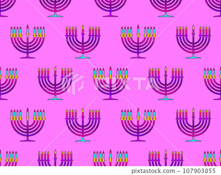 Hanukkah seamless pattern with Menorah with nine candles. Lighted Hanukkah candles. Design of greeting cards, banners and promotional products. Vector illustration 107903855