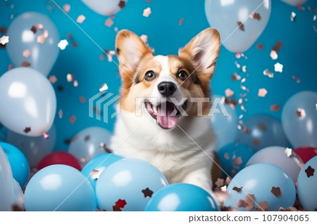 Corgi dog on a blue background surrounded by blue balloons and confetti. Festive concep Corgi dog on a blue background surrounded by blue balloons and confetti. Festive concep 107904065
