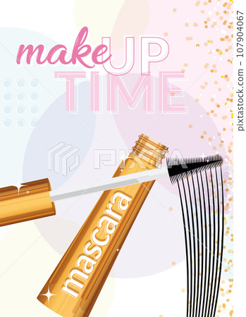 Makeup time poster with a mascara Vector 107904067