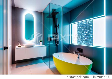 The interior of a modern futuristic bathroom in bright colors. 107904384