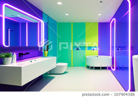 The interior of a modern futuristic bathroom in bright colors. The interior of a modern futuristic bathroom in bright colors. 107904386