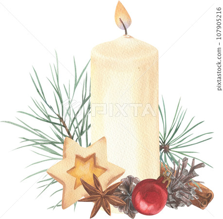 Bright Christmas composition of objects painted in watercolors. Candle, cookies, spices and herbal elements. 107905216