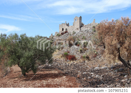 A glimpse of the ruins of the mausoleum of Tredoliche. landscape from the uins of Cirella, an abandoned village for a century in the Calabria region in Italy A glimpse of the ruins of the mausoleum of Tredoliche. landscape from the uins of Cirella, an abandoned village for a century in the Calabria region in Italy 107905231