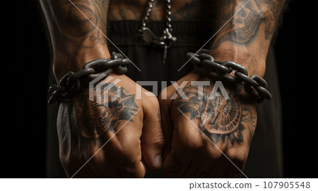 hands of a man in chains. Anti-slavery and illegal imprisonment concept hands of a man in chains. Anti-slavery and illegal imprisonment concept 107905548