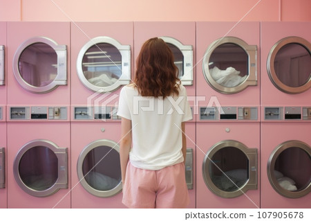 brunette stands in front of pink washing machines in the laundry room  107905678