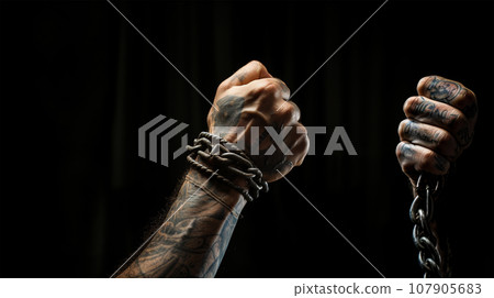hands of a man in chains. Anti-slavery and illegal imprisonment concept hands of a man in chains. Anti-slavery and illegal imprisonment concept 107905683