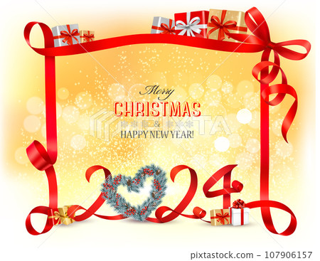 Merry Christmas and Happy New Year background with a 2024 numbers and a red ribbon. Vector. 107906157