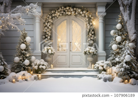 Christmas decoration of house porch, white front door on winter holiday, wooden home entrance with trees, garland, snow and candles. Theme of design, xmas 107906189