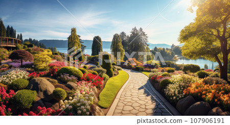 Tiled path in beautiful home garden, scenic walkway in luxury backyard in summer. Landscape design with flowers, bush and trees. Concept of landscaping, nature, pathway 107906191