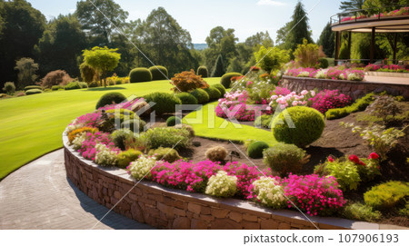 Landscape design of home garden with retaining wall, path and flowers, scenery of upscale backyard with stone walkway, lawn and plants. Concept of landscaping 107906193