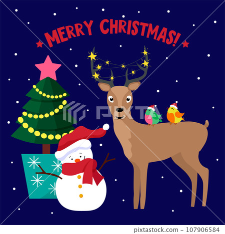 Snowman, deer and cute birds. Decorative Christmas tree in a pot. Christmas card template. Snowman, deer and cute birds. Decorative Christmas tree in a pot. Christmas card template. 107906584