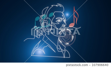Music man head with headphones, in the style of one line light painting with music notes, 3D animation 107906640