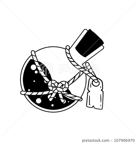 Magic bottle. Esoteric alchemy and glass elixir poison. Mystery chemistry drink. Fantasy cartoon magical mystic mixture, Vintage decorative element Magic bottle. Esoteric alchemy and glass elixir poison. Mystery chemistry drink. Fantasy cartoon magical mystic mixture, Vintage decorative element 107906970