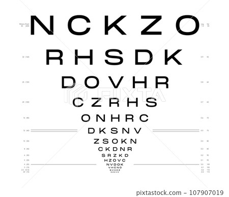 LogMAR chart Eye Test Chart medical illustration. Line vector sketch style outline isolated on white background board LogMAR chart Eye Test Chart medical illustration. Line vector sketch style outline isolated on white background board 107907019
