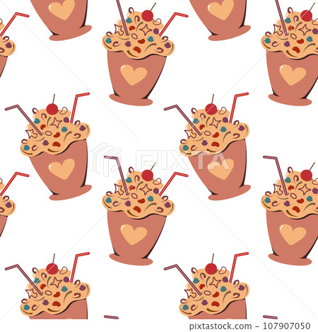 Seamless pattern of dessert in a cup with decoration and cream in trendy soft chocolate milk shades 107907050