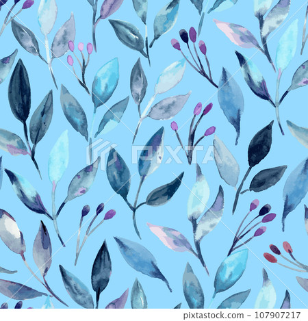 Seamless pattern with blue abstract leaves and floral buds. Watercolor hand-drawn illustration. Seamless pattern with blue abstract leaves and floral buds. Watercolor hand-drawn illustration. 107907217
