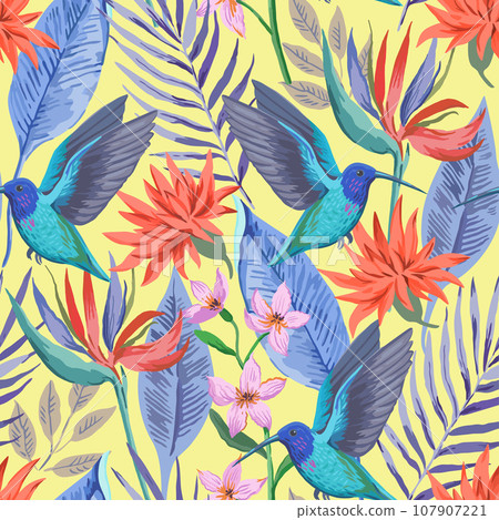 Colorful tropical seamless pattern with exotic birds and flowers. Vector illustration. 107907221