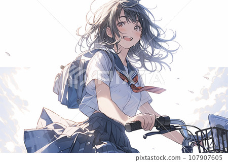 Illustration of a high school girl commuting to school by bicycle "AI generated image" 107907605