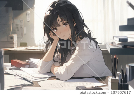 一名高中女生為入學考試而學習的插圖“AI 生成圖像” 107907617