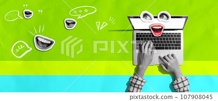 Person using a laptop computer with eyes and mouth - Photo collage 107908045
