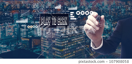 Play to Earn theme with businessman in city at night Play to Earn theme with businessman in city at night 107908058