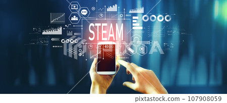 STEAM theme with person using smartphone STEAM theme with person using smartphone 107908059