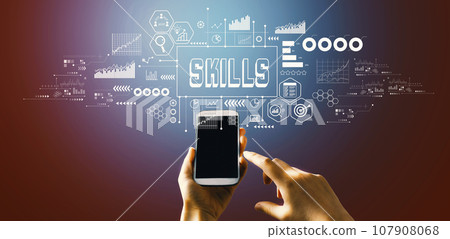 Skills theme with hand pressing a button Skills theme with hand pressing a button 107908068