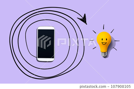 Creativity, inspiration, idea concept with light bulb and smartphone 107908105