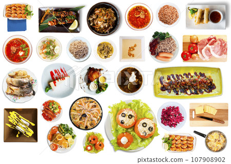 View of many plates with tasty food over white background 107908902
