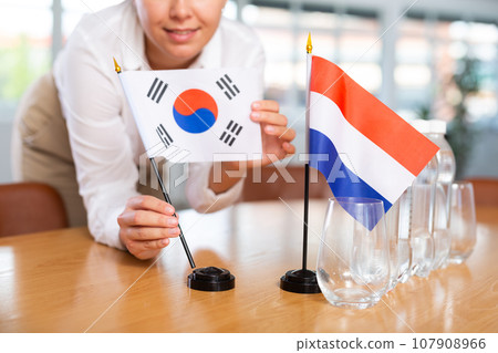 Businesswoman arranging the flags of South Korea and Netherlands for presentation and negotiations 107908966