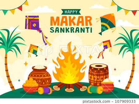 Makar Sankranti Vector Illustration. Translation the Harvest Festival. Indian Festive with Flying Colorful Kites And String Spools in Flat Background 107909333