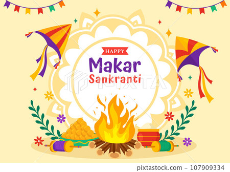 Makar Sankranti Vector Illustration. Translation the Harvest Festival. Indian Festive with Flying Colorful Kites And String Spools in Flat Background 107909334